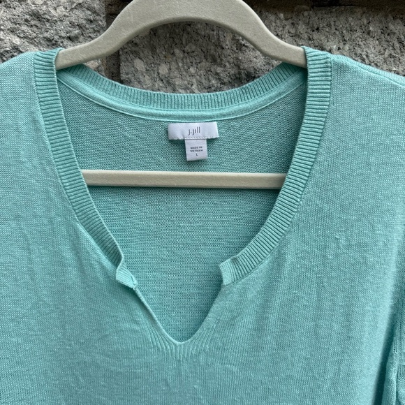 J. Jill Linen Blend Knit Tunic Shirt Turquoise Cuffed Short Sleeves Large - Picture 5 of 6